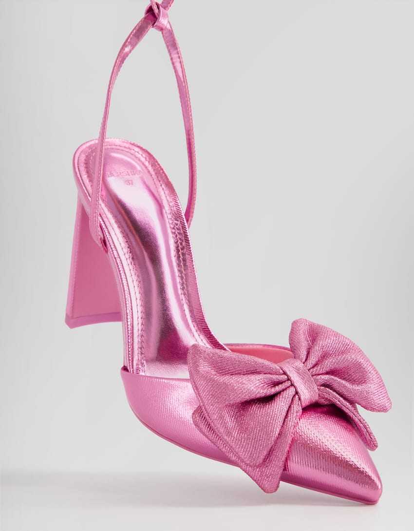 Shiny high-heel shoes with ankle strap and bow-Pink-2