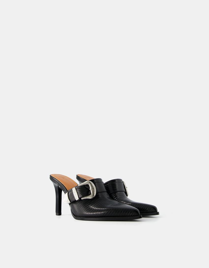 Stiletto heel cowboy mules with buckle detail-BLACK-0