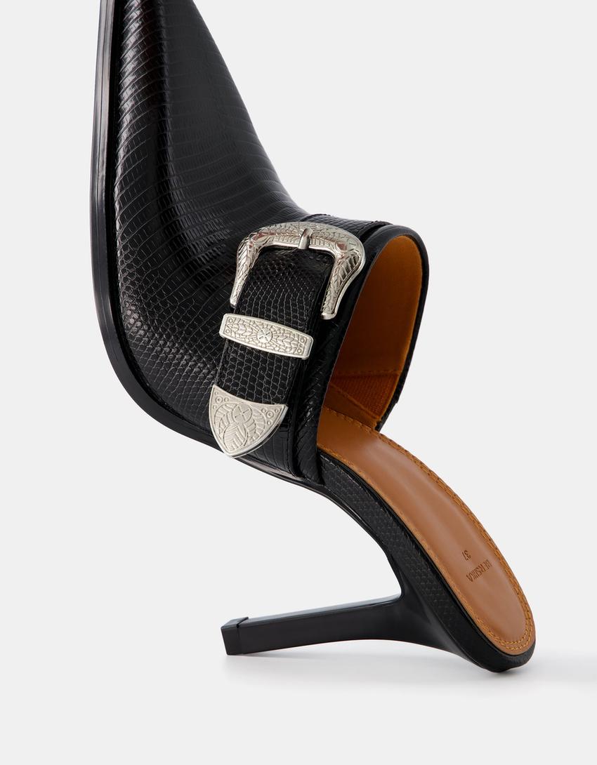 Stiletto heel cowboy mules with buckle detail-BLACK-1