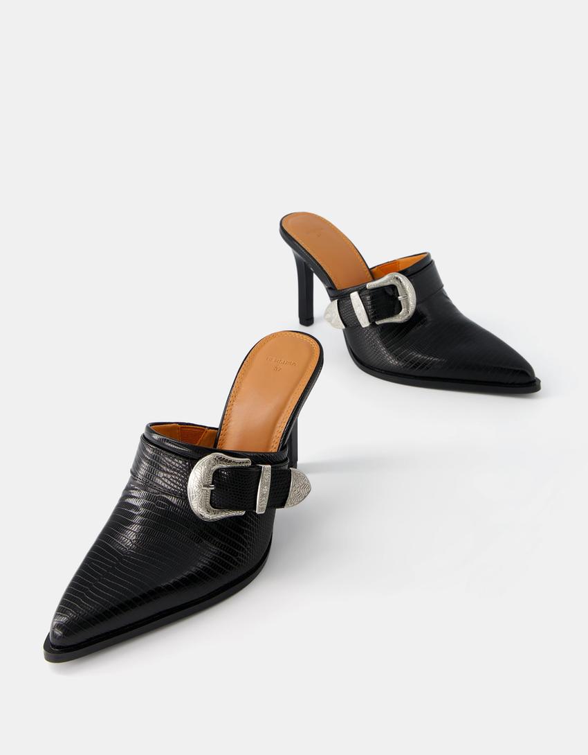 Stiletto heel cowboy mules with buckle detail-BLACK-2