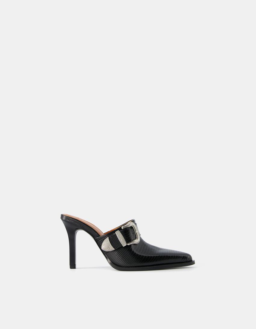 Stiletto heel cowboy mules with buckle detail-BLACK-4