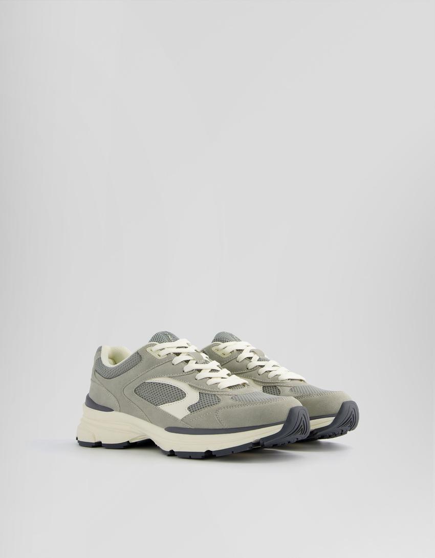 حذاء رياضي بتفاصيل نسيج شبكي-رمادي-0