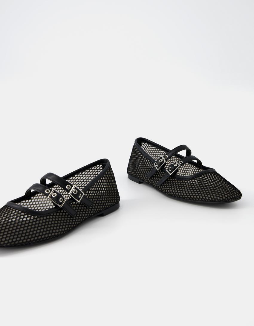 حذاء باليرينا من نسيج شبكي بأبازيم-أسود-4