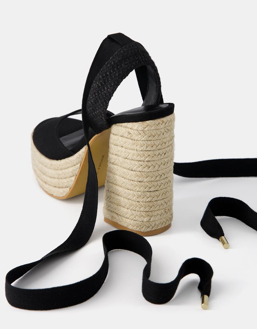 صندل خيش عالي الكعب بسوار كاحل وأشرطة متعددة-أسود-3