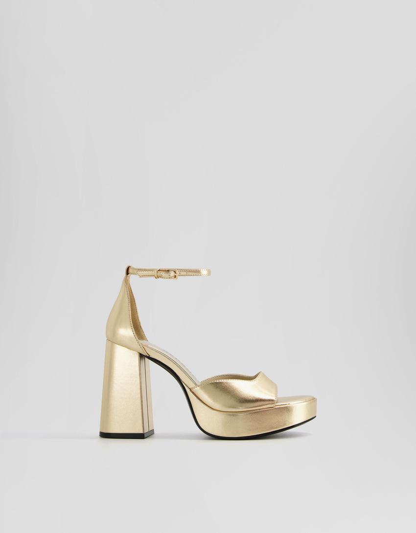 Sandália tacão largo plataforma com pulseira-Dourado-4