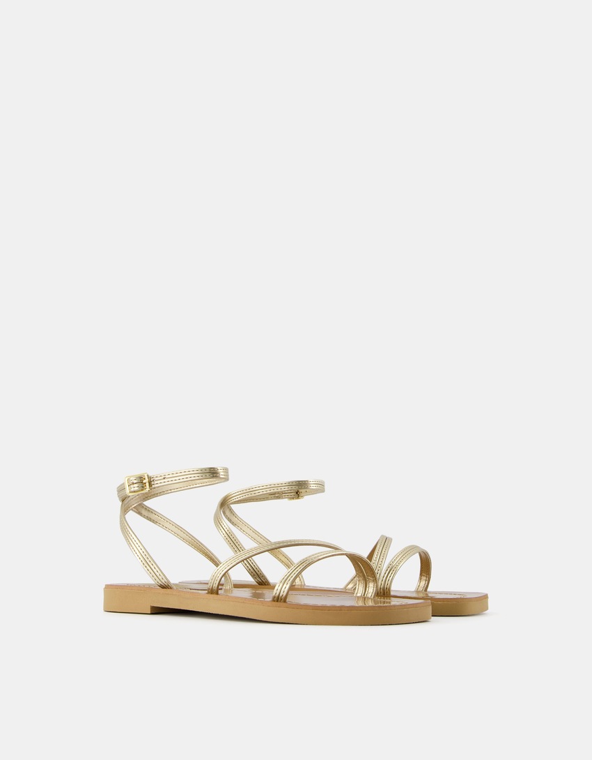 Metallic strap flat slider sandals-Gold-0