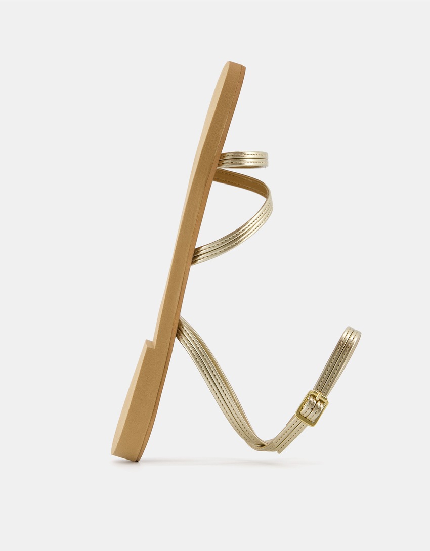 Metallic strap flat slider sandals-Gold-2