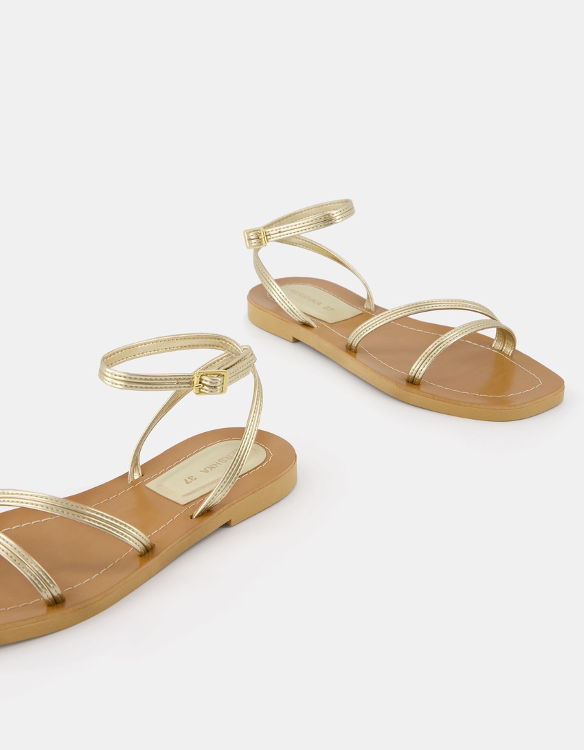 Metallic strap flat slider sandals-Gold-3