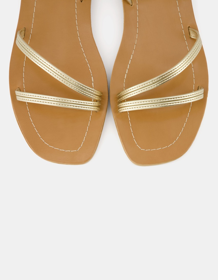 Metallic strap flat slider sandals-Gold-4