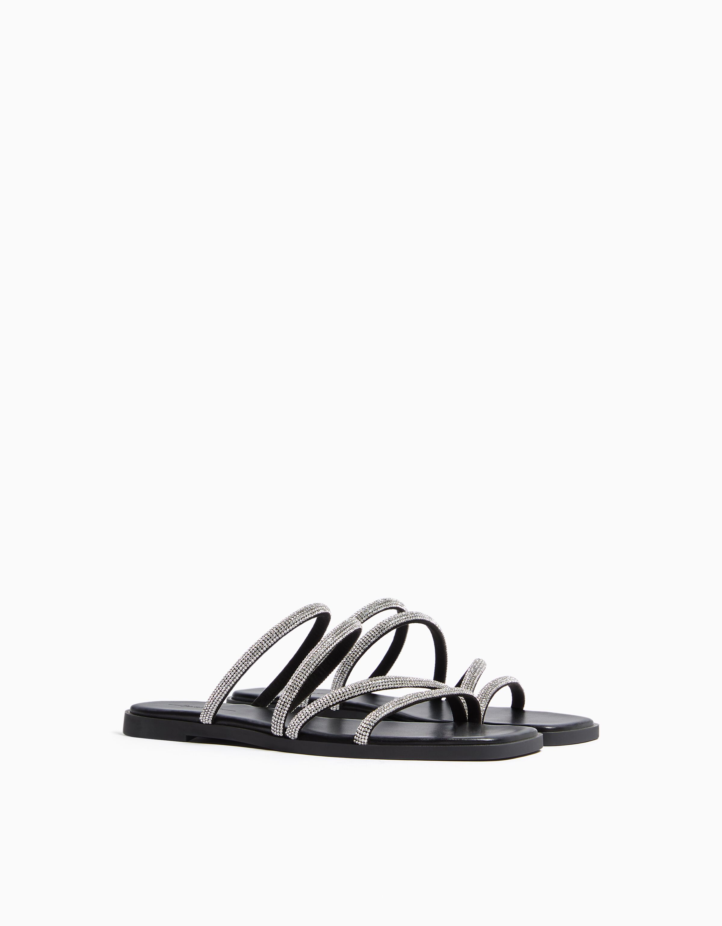 White flat discount sandals with rhinestones