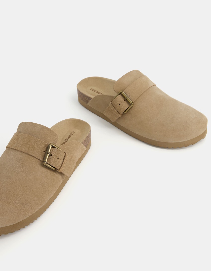 LEATHER clogs with buckle-TAUPE-3