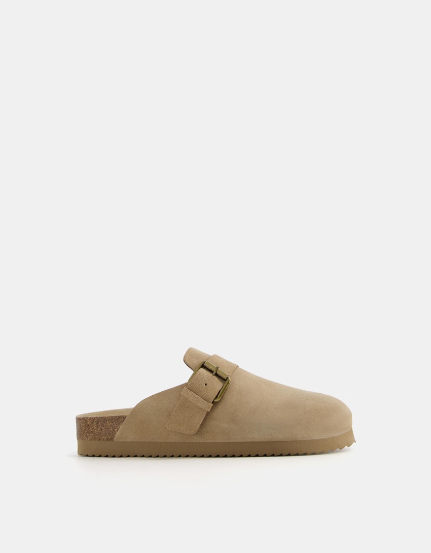 LEATHER clogs with buckle-TAUPE-5