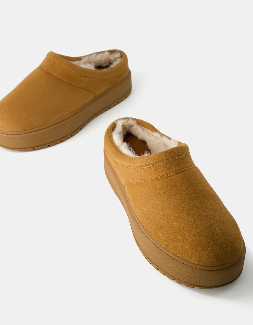 Sabots compensés doublés fourrure synthétique-Camel-3