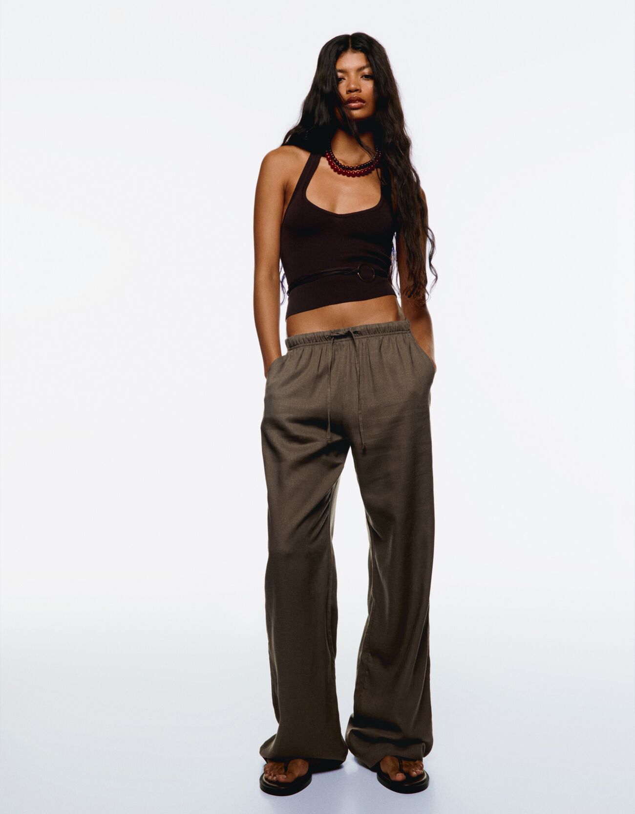 Elastic waist linen-blend trousers