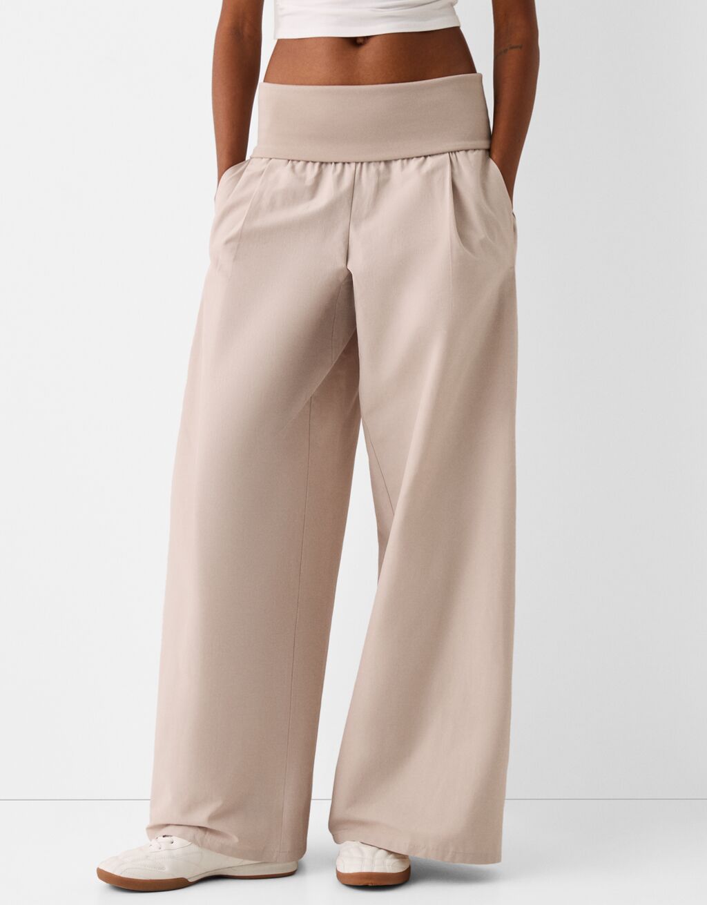 Wide-leg trousers with fold-over waist-Stone-1