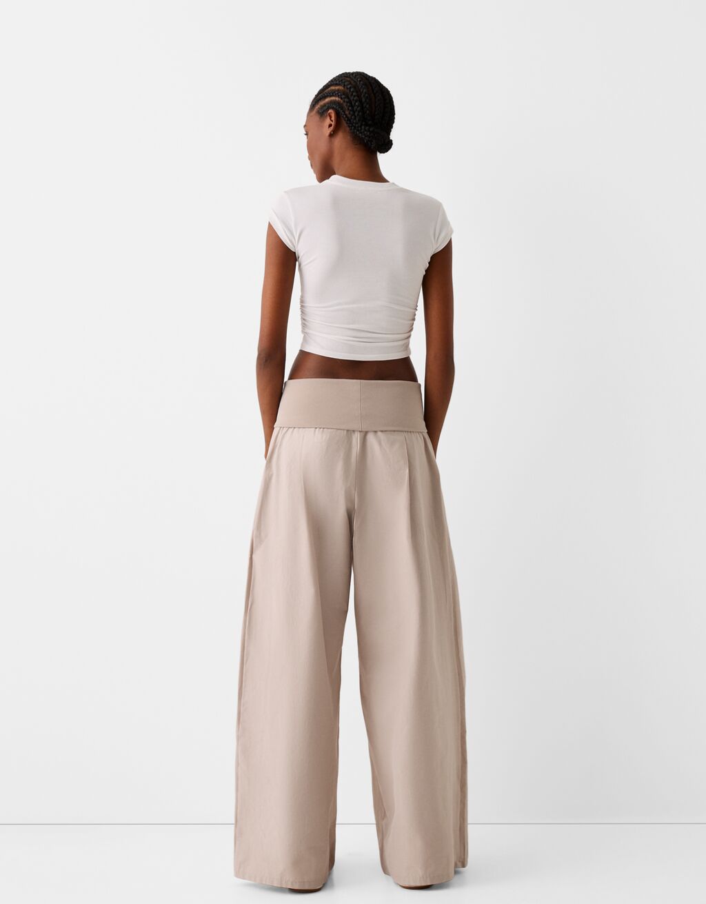 Wide-leg trousers with fold-over waist-Stone-2