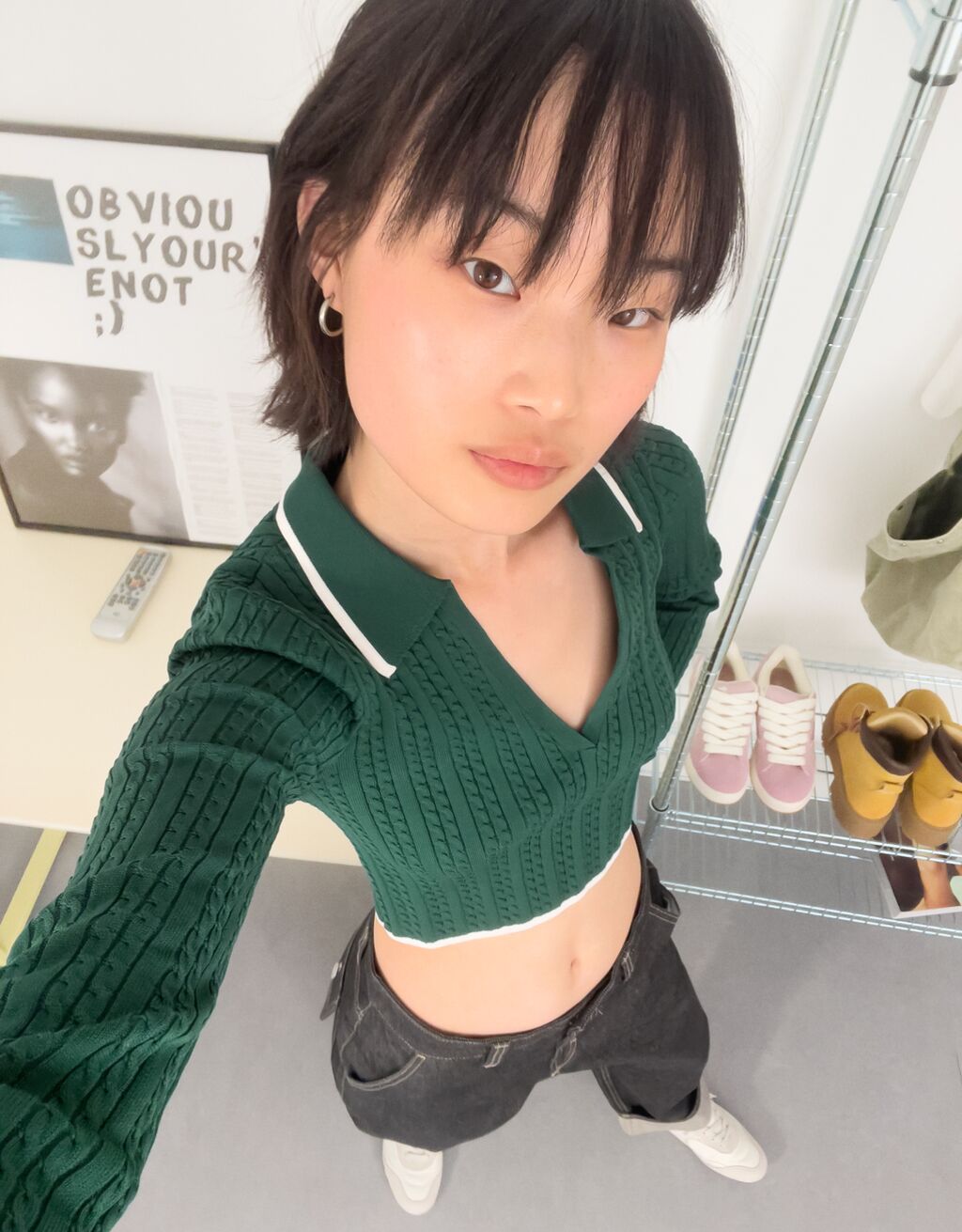 Cable-knit polo collar sweater-Green-1