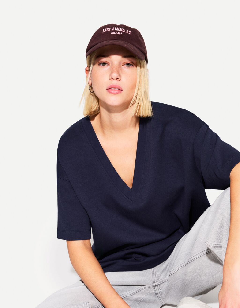 Heavy cotton V-neck short sleeve T-shirt-Navy-0