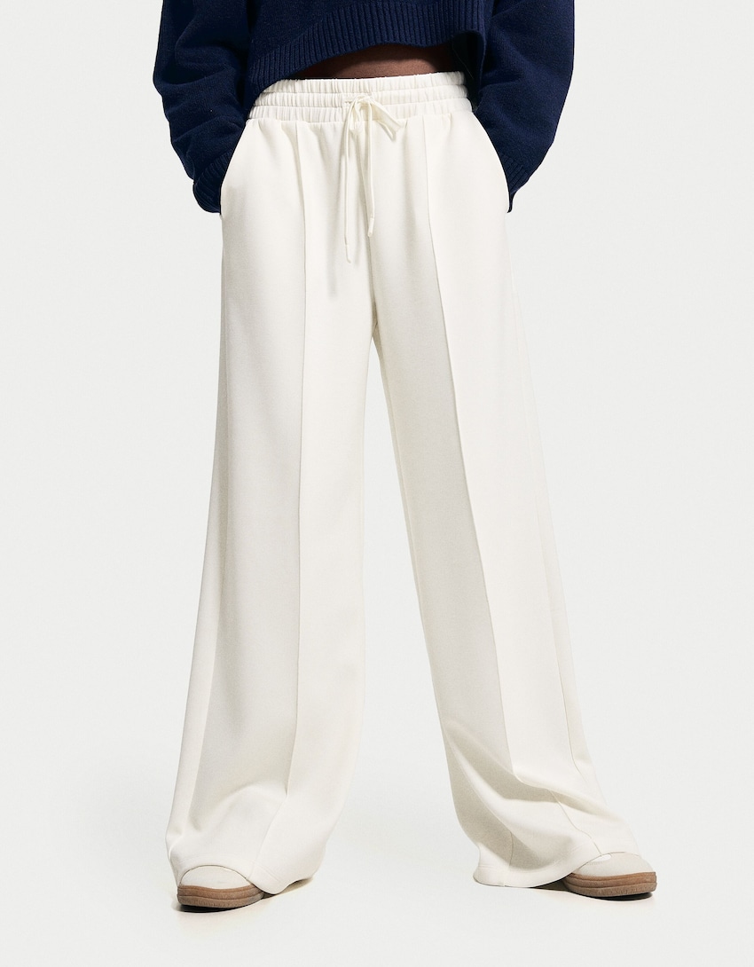Yumuşak wide leg pantolon-Krem-2