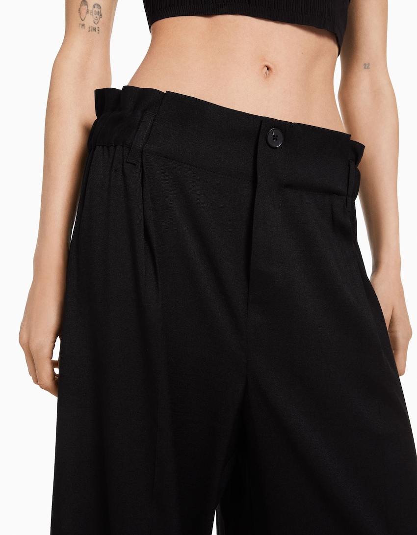 Wide leg bukser med rynket talje-Sort-3