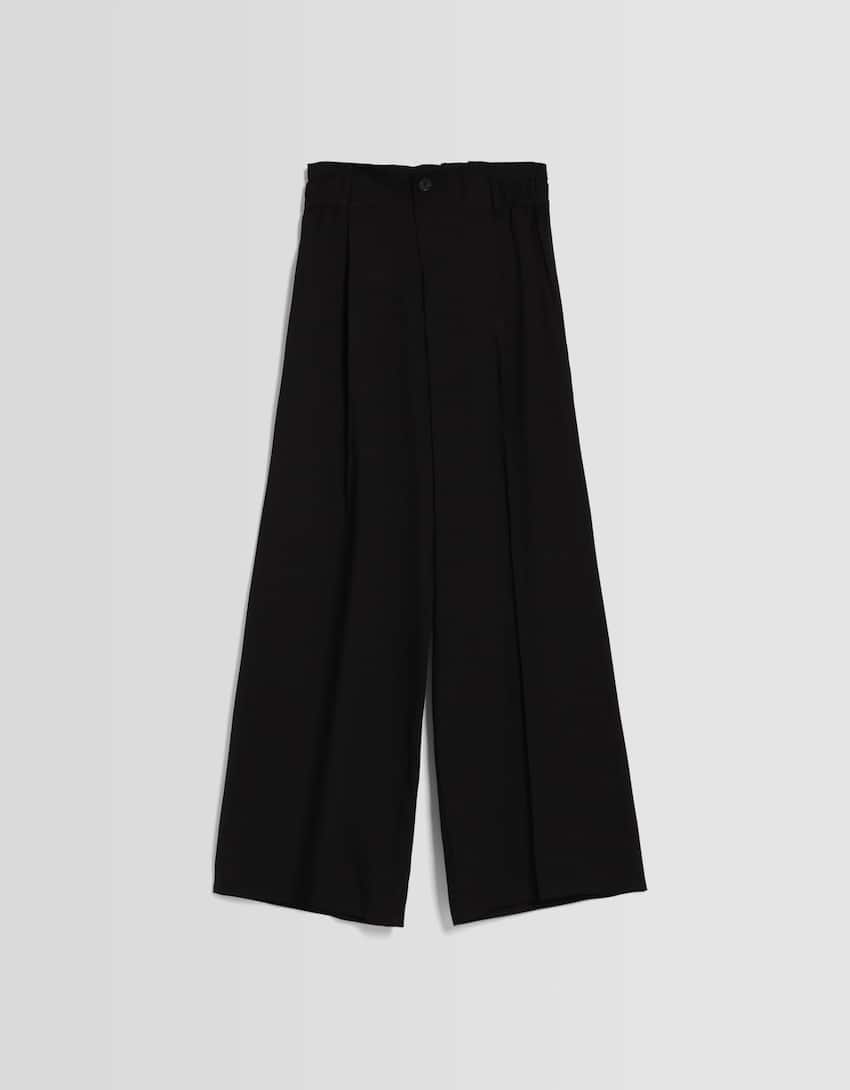 Wide-Leg-Hose mit gerafftem Bund-Schwarz-4