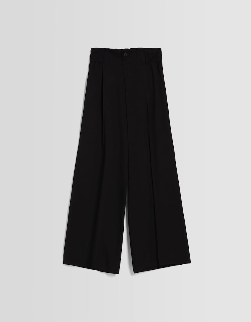 Wide leg bukser med rynket talje-Sort-4