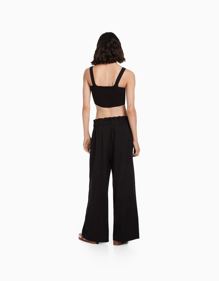 Wide leg bukser med rynket talje-Sort-2