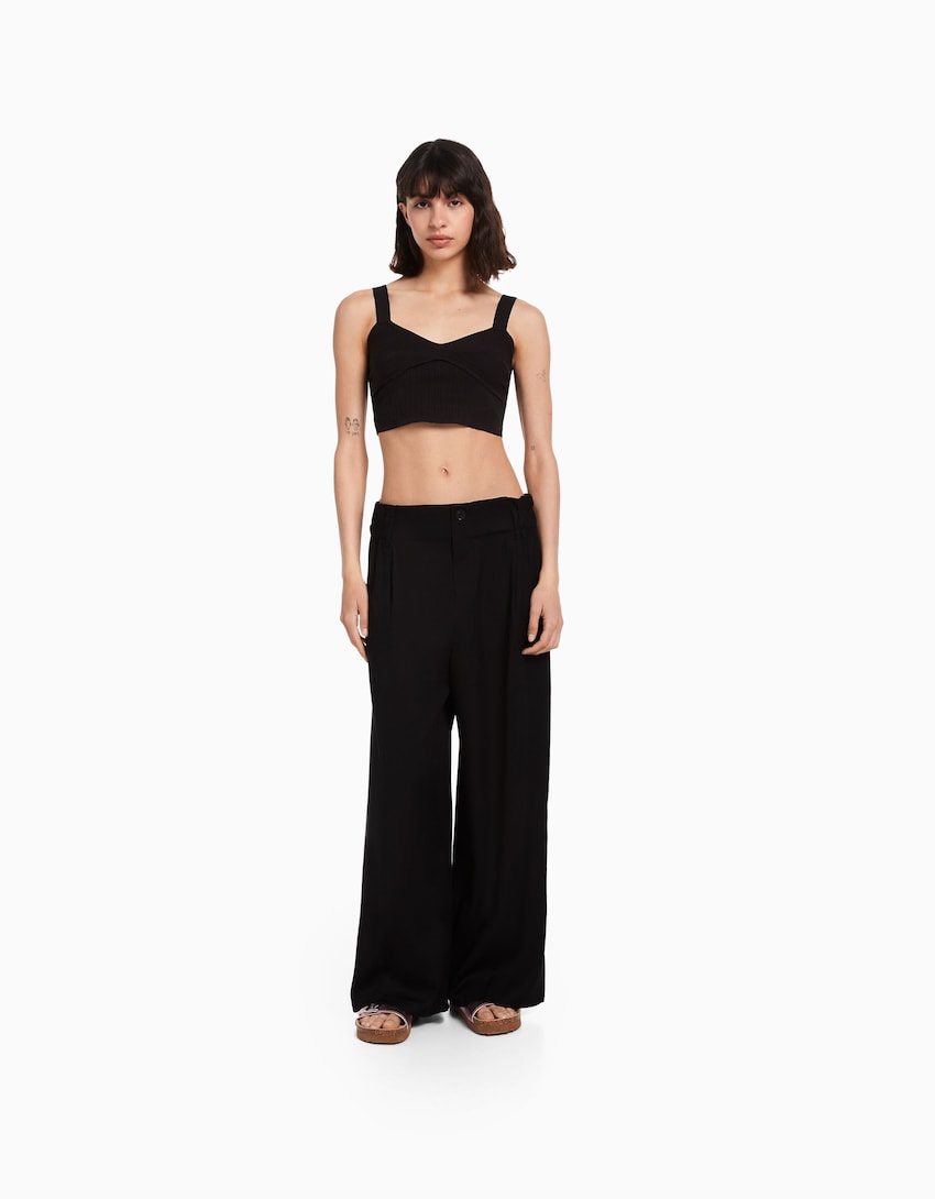 Wide leg bukser med rynket talje-Sort-0