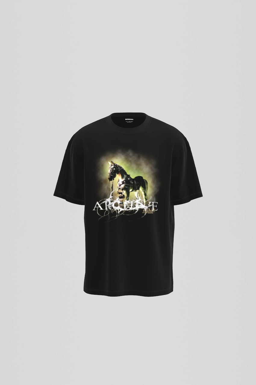 T-shirt de manga curta com estampado-Preto-0