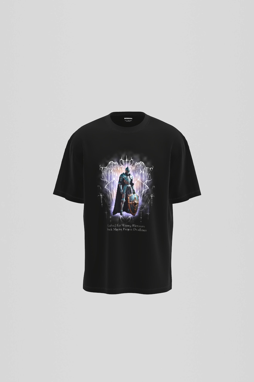 T-shirt de manga curta com estampado-Preto-0
