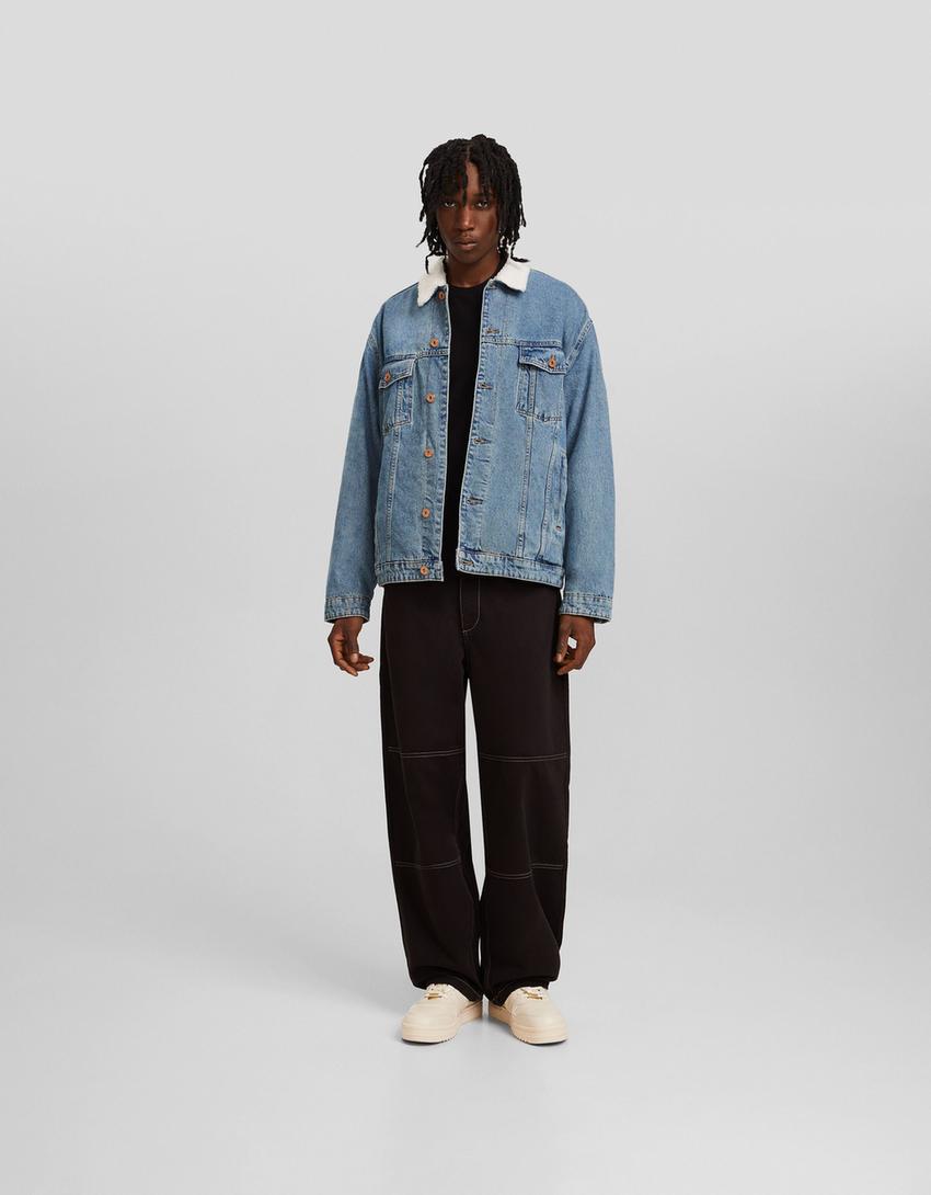 Faux shearling denim jacket-Light blue-3