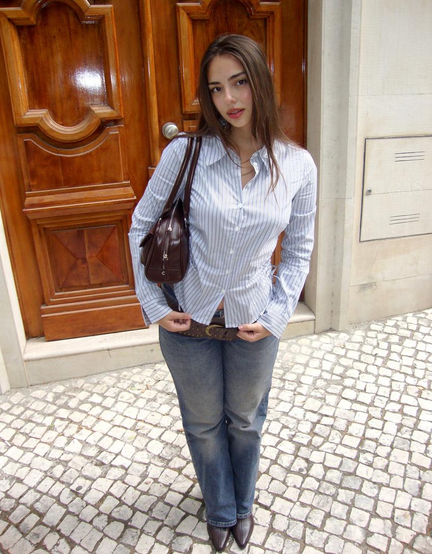 Camisa entallada fruncido lateral-Azul