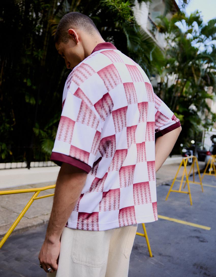 Printed short sleeve polo shirt-Red