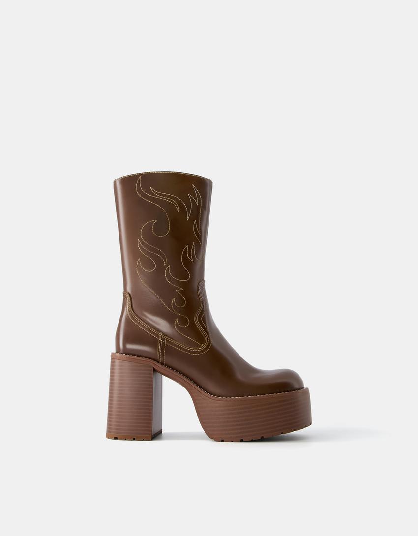 Bottines talon large plateforme-Marron-6