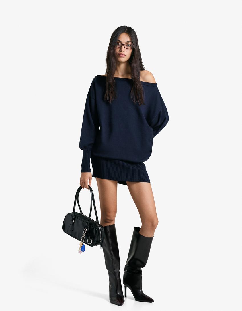 Vestido mini assimétrico com bainha canelada-Azul