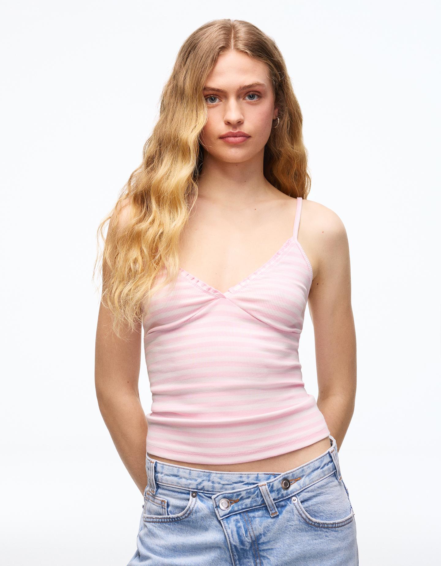Bershka Top Arricciato Con Bretelline Donna M Rosa