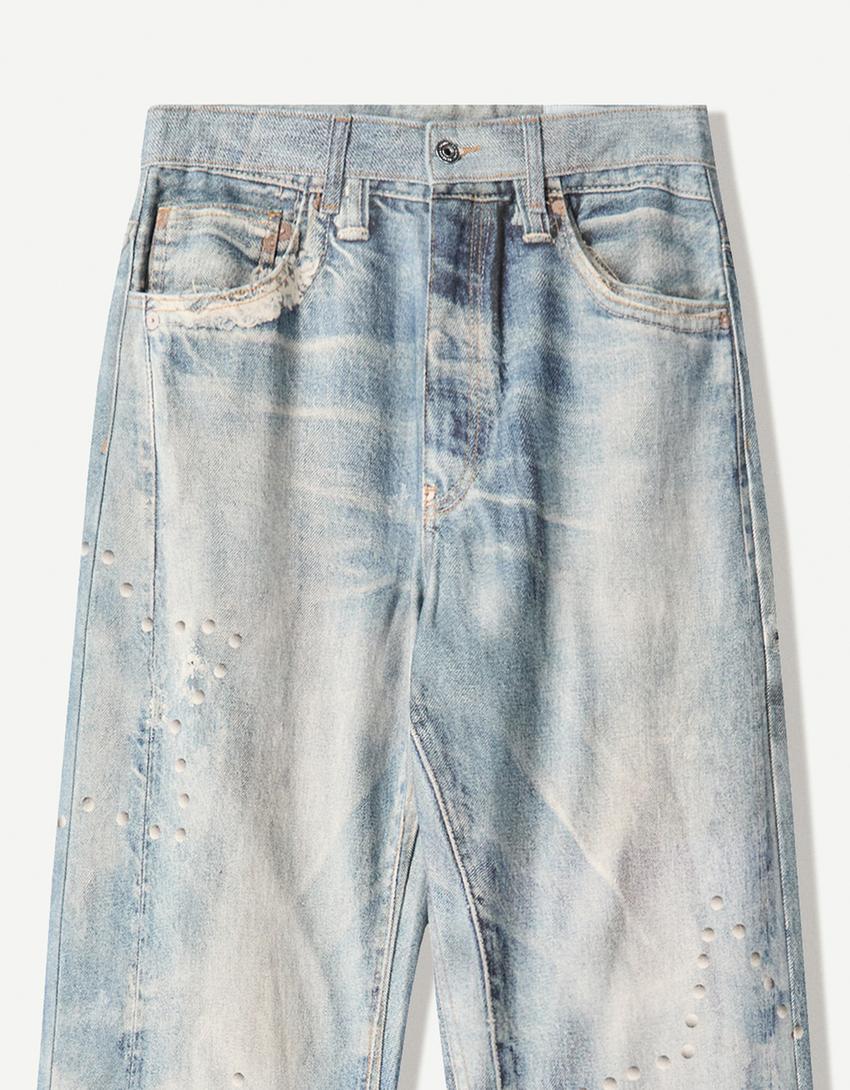 Baskılı baggy fit jean-Açık mavi-2