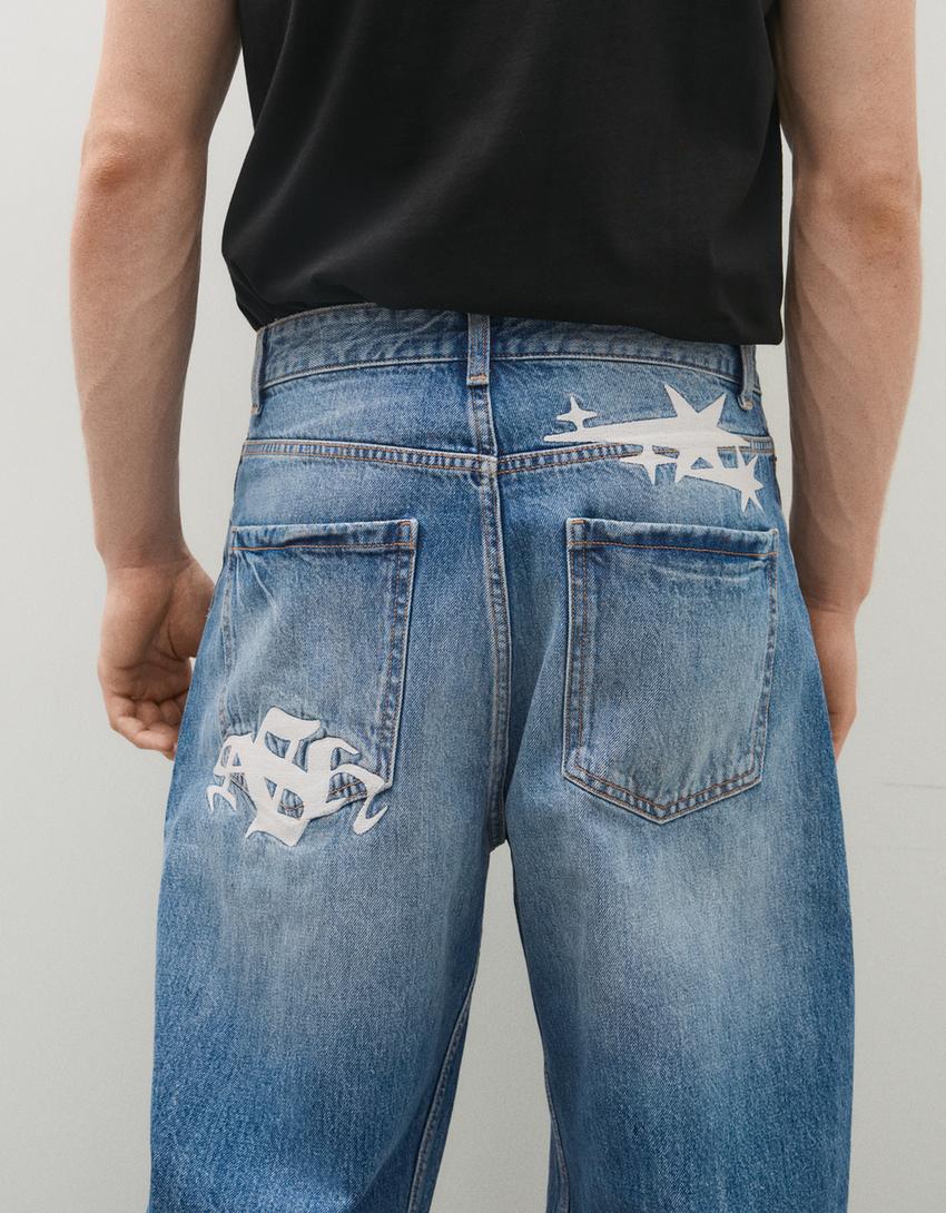 Embroidered neobarrel jeans-Light blue