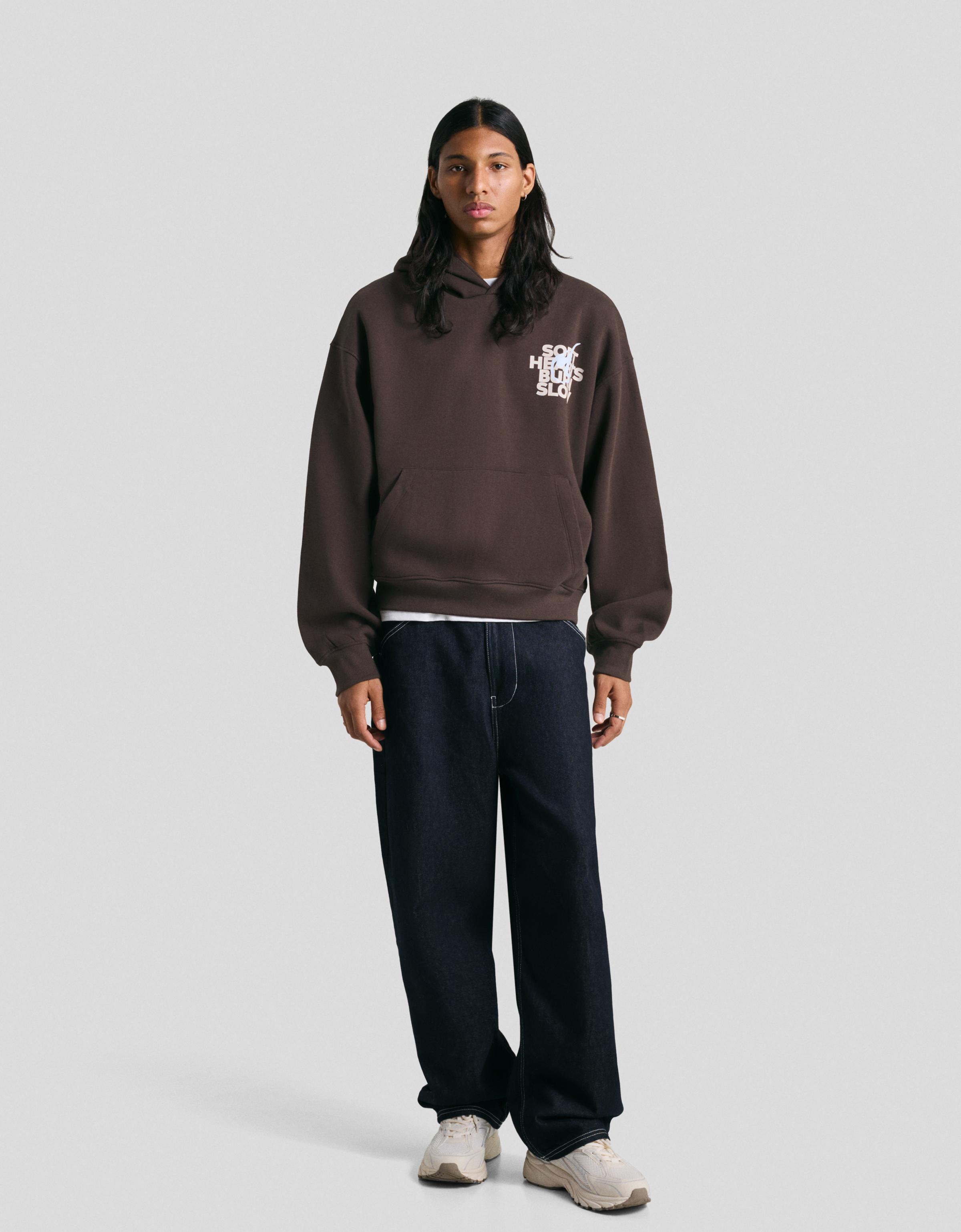 Bershka Kapuzen-Sweatshirt Mit Print Herren L Braun