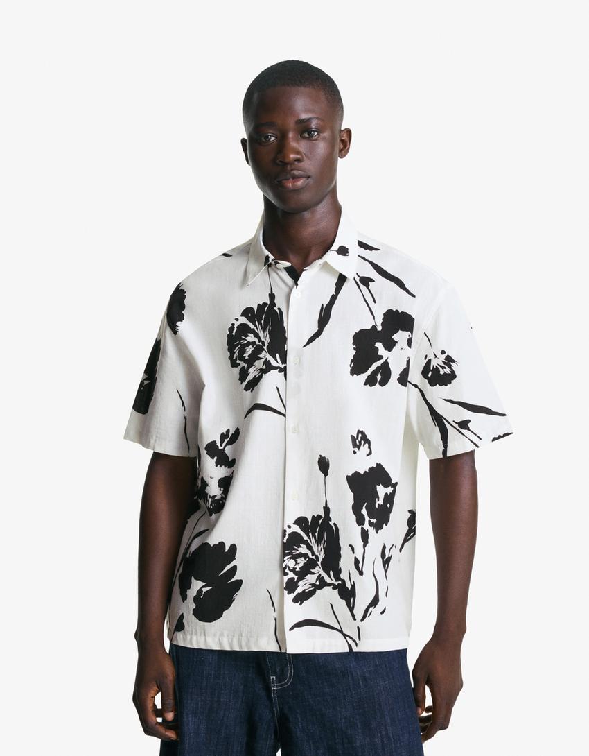 Chemise à manches courtes rustique imprimée-Écru