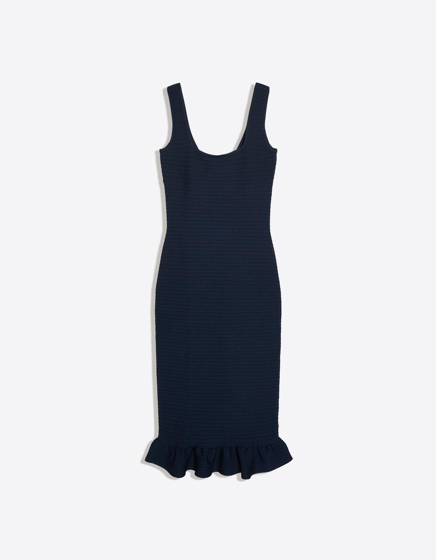 Midi knit dress with frill-Navy