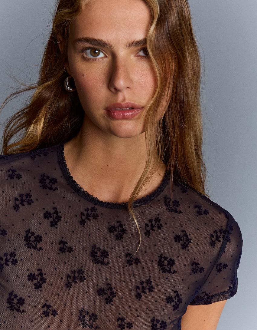 Printed short sleeve tulle T-shirt-Navy