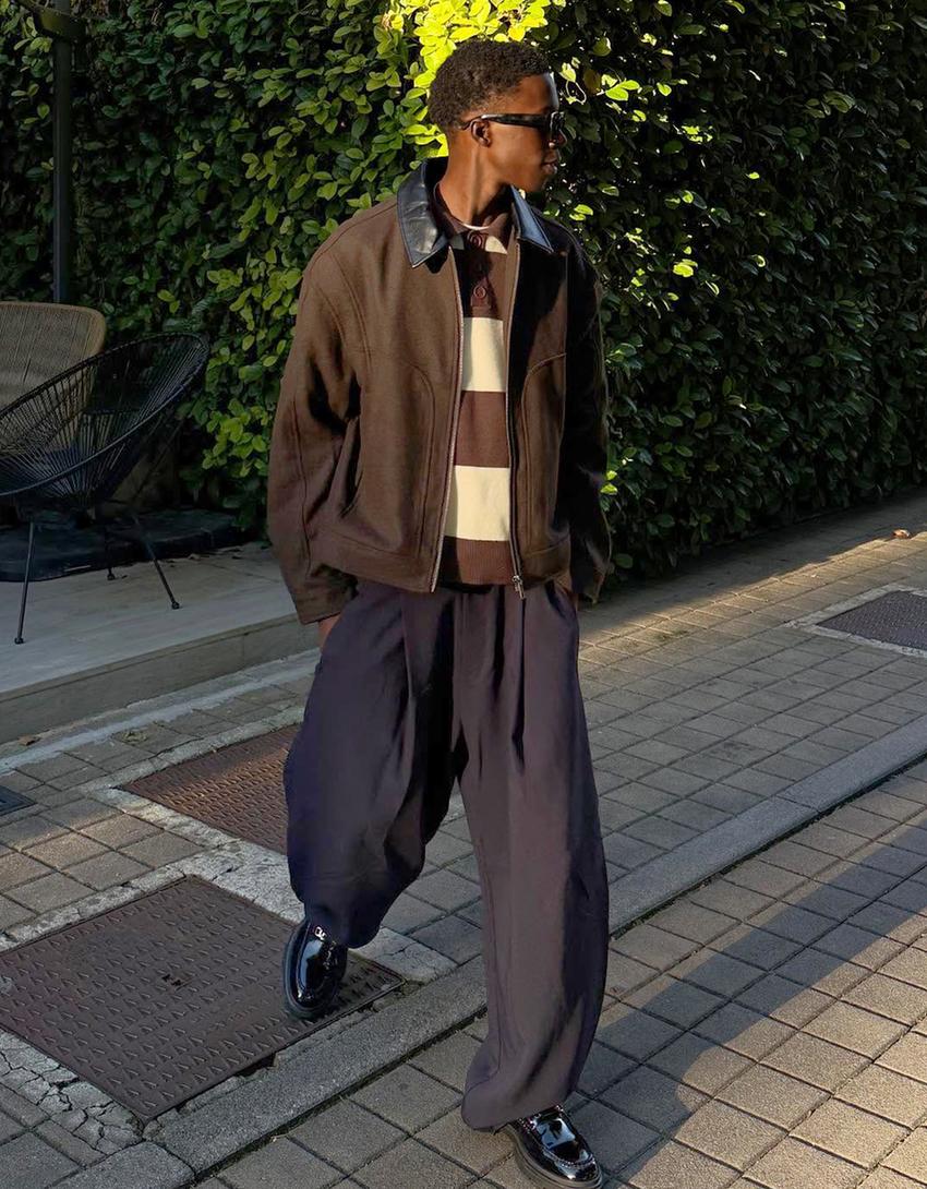 Veste en drap col contrastant-Marron