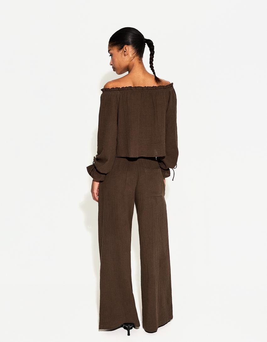Set camicia e pantaloni semplici-Marrone-1