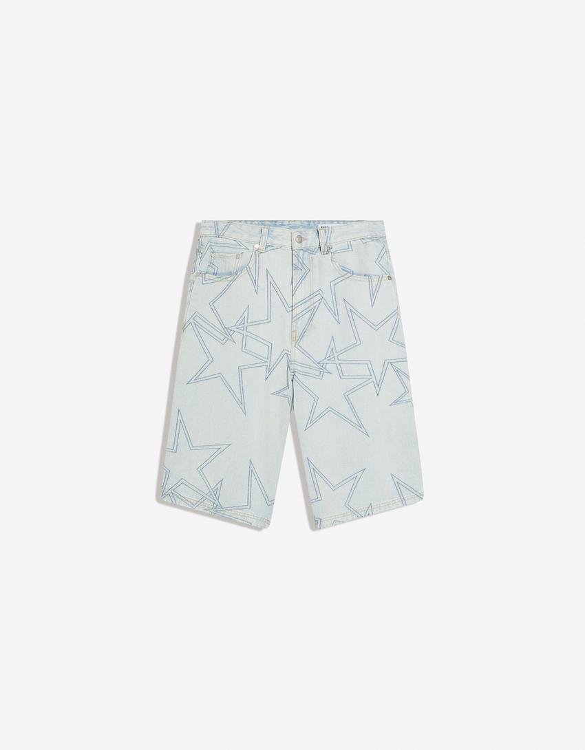 Super baggy denim Bermuda shorts with stars-Light blue