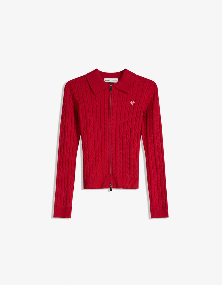 Cable-knit polo collar cardigan