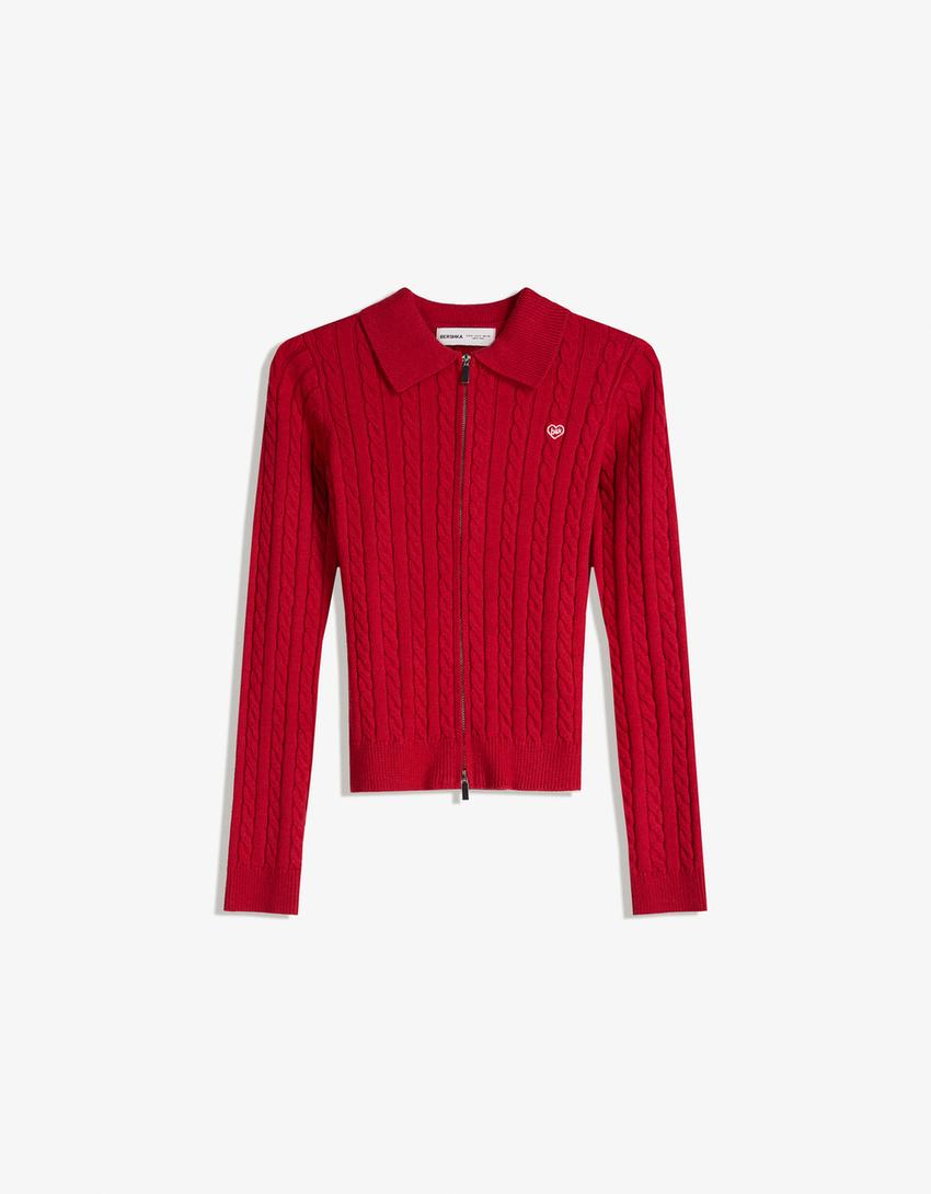 Vest met kabelmotief en polokraag-Rood