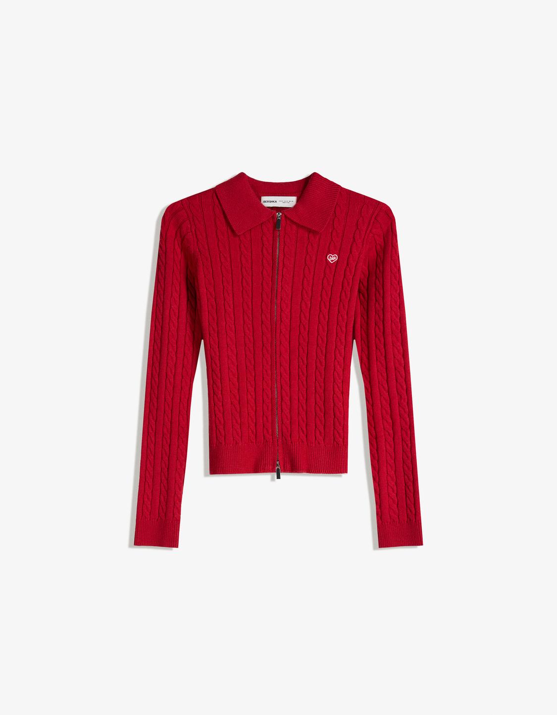 Cable-knit polo collar cardigan
