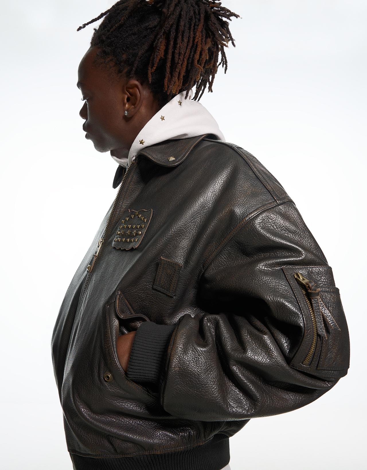 Leather bomber jacket ARIES X BERSHKA — Brown