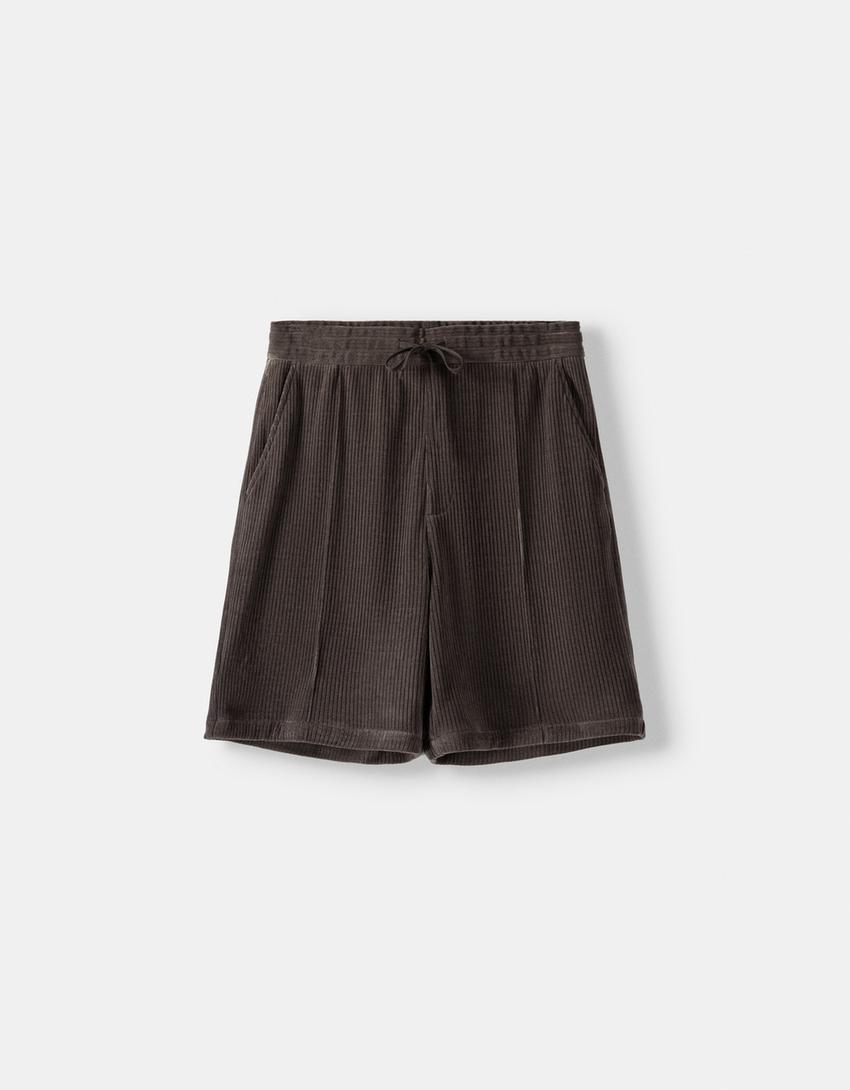 Loose fit chenille Bermuda shorts-Brown-4